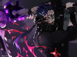 Rule 34 | 1boy, arms up, artist name, au ra, black background, black coat, black hair, black nails, black sclera, blood, blood on face, blue eyes, coat, collared coat, colored sclera, colored tips, commentary request, fangs, final fantasy, final fantasy xiv, fingernails, hand wraps, high collar, highres, horns, long hair, looking at viewer, low horns, low ponytail, male focus, multicolored hair, oooruka cr, open mouth, purple hair, reaper (final fantasy), sharp fingernails, twitter username, upper body, warrior of light (ff14)