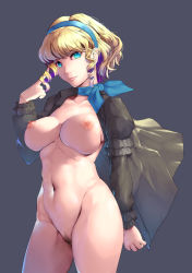 Rule 34 | 1girl, black background, black shirt, blonde hair, blouse, blue eyes, blue hairband, blush, bottomless, breasts, closed mouth, constance von nuvelle, dress, drill hair, earrings, female pubic hair, fire emblem, fire emblem: three houses, frown, garreg mach monastery uniform, hairband, highres, jewelry, large breasts, long sleeves, looking at viewer, multicolored hair, nintendo, nipples, open clothes, open shirt, pubic hair, purple hair, scarf, shirt, short hair, simple background, solo, standing, uniform