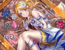 Rule 34 | 1girl, alternate hairstyle, arm ribbon, artist name, artist request, ayase eli, bare legs, bare shoulders, blonde hair, blue eyes, blue flower, blue nail polish, blue nails, blue ribbon, blush, bow, bracelet, breasts, bug, butterfly, cleavage, collarbone, crescent, crescent earrings, crescent moon symbol, cuss chan, dress, earrings, female focus, flower, hair between eyes, hair bun, hair flower, hair ornament, hair ribbon, highres, insect, jewelry, leg ribbon, long hair, looking at viewer, love live!, love live! school idol festival, love live! school idol festival all stars, love live! school idol project, low ponytail, medium breasts, miniskirt, nail, nail polish, ocean, parted lips, pink butterfly, plaid, plaid dress, plaid skirt, pleated, pleated dress, pleated skirt, ponytail, ribbon, short hair, side bun, single hair bun, skirt, smile, solo, star (symbol), star earrings, venus on a moonlit night (love live!), white bow, white dress, white flower, white skirt