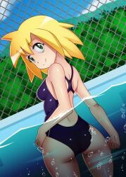 Rule 34 | 1girl, ass, back, blonde hair, breasts, bubble, capcom, chacrawarrior, competition swimsuit, female focus, green eyes, hand on own hip, highres, looking back, medium breasts, mega man (series), mega man legends (series), one-piece swimsuit, pool, roll caskett (mega man), sideboob, smile, spiked hair, swimsuit, thigh gap, water