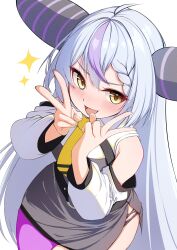 Rule 34 | 1girl, ahoge, ascot, bare shoulders, black horns, blush, braid, braided bangs, detached sleeves, double v, fang, grey hair, highres, hololive, horns, la+ darknesss, la+ darknesss (1st costume), long hair, long sleeves, looking at viewer, multicolored hair, nojikorirakkusu, open mouth, pantyhose, pointy ears, purple hair, purple pantyhose, simple background, single leg pantyhose, skin fang, solo, streaked hair, striped horns, v, virtual youtuber, white background, yellow ascot