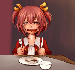 Rule 34 | 1girl, arc the lad, arc the lad ii, blood, bow, child, choko (arc the lad), crying, demon, dirt, dress, fork, knife, open mouth, plate, red hair, sad, solo, tears, toorigi, yellow bow