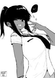 Rule 34 | 1girl, absurdres, aliasing, anggita putri, artist name, bangle, bracelet, breasts, collared shirt, cowboy shot, dark-skinned female, dark skin, earrings, greyscale, grin, high ponytail, highres, jewelry, large breasts, looking at viewer, loose necktie, monochrome, name tag, necklace, necktie, norman maggot, one eye closed, original, school uniform, shirt, short sleeves, sidelocks, simple background, smile, solo, sparkle, speech bubble, standing, stud earrings, white background, wink
