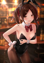 Rule 34 | 1girl, animal ears, armpits, bar (place), bare arms, bare shoulders, black leotard, blurry, blush, bow, bowtie, breasts, brown hair, brown pantyhose, collarbone, cowboy shot, depth of field, detached collar, fake animal ears, fang, frown, hair ornament, hair ribbon, hairband, hairclip, highleg, highleg leotard, highres, leotard, long hair, looking at viewer, monaka curl, open mouth, orange eyes, original, pantyhose, parted bangs, playboy bunny, rabbit ears, rabbit tail, ribbon, sidelocks, small breasts, solo, standing, strapless, strapless leotard, tail, twintails, wrist cuffs