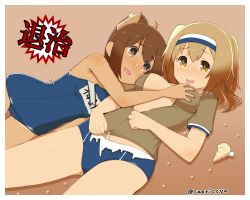 Rule 34 | 10s, 2girls, animal print, beans, blush, boots, grabbing another&#039;s breast, brown eyes, brown hair, capriccyo, chibi, grabbing, hair ornament, hairband, hairclip, highres, horns, i-26 (kancolle), i-401 (kancolle), japanese clothes, kantai collection, light brown hair, long hair, looking at viewer, multiple girls, new school swimsuit, old school swimsuit, one-piece swimsuit, oni horns, open mouth, ponytail, sailor collar, school swimsuit, short hair, short sleeves, smile, swimsuit, swimsuit under clothes, tan, tiger print, torn clothes, torn swimsuit, twitter username, two-tone hairband, wavy mouth, yuri