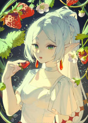 1girl ai_xiao_meng breasts collarbone commentary dress earrings elf food frieren fruit green_eyes highres holding holding_food holding_fruit jewelry long_hair looking_at_viewer open_mouth pointy_ears ponytail small_breasts solo sousou_no_frieren strawberry thick_eyebrows white_dress white_hair