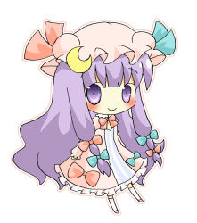 Rule 34 | 1girl, bad id, bad pixiv id, blush stickers, bow, chibi, crescent, female focus, hair bow, hat, patchouli knowledge, purple eyes, purple hair, solo, takahashi kanon, touhou