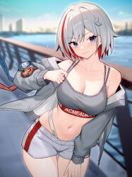 Rule 34 | 1girl, 95---, absurdres, blue eyes, blue sky, blush, breasts, cleavage, colored inner hair, commission, fence, grey hair, grey jacket, grey pants, grey sports bra, hair ornament, highres, honkai: star rail, honkai (series), jacket, large breasts, long sleeves, looking at viewer, midriff, mole, mole on shoulder, multicolored hair, navel, off shoulder, open clothes, open jacket, outdoors, pants, patch, pom-pom (honkai: star rail), red hair, second-party source, short hair, short shorts, shorts, sky, solo, sports bra, streaked hair, thigh gap, thighs, topaz (honkai: star rail), water, wubbaboo (honkai: star rail)