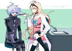 Rule 34 | 1boy, 1girl, android, antenna hair, belt, belt buckle, black-framed eyewear, black belt, black choker, black footwear, blonde hair, blue bow, blue bowtie, blue eyes, boots, bow, bowtie, breasts, buckle, choker, cleavage, clenched hands, clipboard, closed mouth, coattails, collared coat, commentary request, controller, crossed legs, danganronpa (series), danganronpa v3: killing harmony, eyelashes, feeding, feet out of frame, fingernails, goggles, goggles on head, green background, hair between eyes, hands on own legs, highres, holding, holding remote control, iruma miu, k1-b0, knee boots, lab coat, large breasts, light frown, long hair, long sleeves, looking at another, multiple belts, nagichiro, o-ring, o-ring belt, object request, on chair, open mouth, orange-tinted eyewear, over-kneehighs, paper, pink serafuku, remote control, round eyewear, school uniform, serafuku, shoe belt, short hair, simple background, sitting, socks, striped clothes, striped socks, teeth, thigh belt, thigh strap, thighhighs, tinted eyewear, tongue, translation request, two-tone background, upper teeth only, vertical-striped clothes, vertical-striped socks, very long hair, wavy hair, white background, white hair, white sleeves, white socks