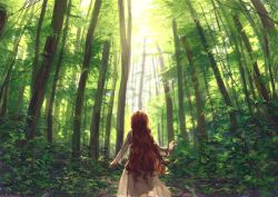 Rule 34 | 1girl, berabou, brown hair, coat, facing away, forest, from behind, green theme, long hair, long sleeves, nature, original, outstretched hand, plant, solo, tree, very long hair, walking, wavy hair