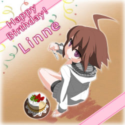 Rule 34 | 1girl, ahoge, brown hair, cake, cream, cream on face, eating, ecole, food, food on face, fork, french-bread, happy birthday, hood, hoodie, indian style, linne, looking up, official art, purple eyes, short hair, shorts, sitting, solo, under night in-birth