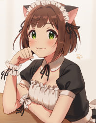 Rule 34 | 1girl, :3, alternate costume, animal ears, black ribbon, blush, breasts, brown hair, cat ears, cat girl, cleavage, closed mouth, emu (emum), enmaided, green eyes, hair ornament, hand up, highres, idolmaster, idolmaster cinderella girls, looking at viewer, maekawa miku, maid, maid headdress, medium breasts, paw pose, ribbon, short hair, skirt, smile, solo, wrist cuffs