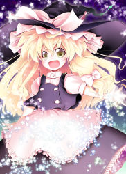 Rule 34 | 1girl, :d, aozora market, blonde hair, female focus, gradient background, hat, kirisame marisa, long hair, open mouth, outstretched arm, skirt, smile, solo, star (symbol), touhou, witch, witch hat, yellow eyes