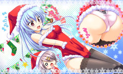 Rule 34 | 2girls, ass, bare shoulders, blue hair, blush, breasts, cameltoe, christmas, cleavage, cleft of venus, covered erect nipples, covered navel, embarrassed, let&#039;s kaitou!, light purple hair, long hair, multiple girls, open mouth, panties, purple eyes, santa costume, squeez (artist), underwear