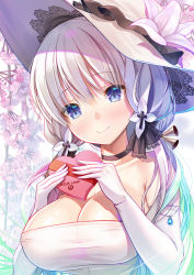 Rule 34 | 1girl, at-yui, azur lane, blue eyes, blush, box, breasts, cherry blossoms, choker, cleavage, closed mouth, dress, elbow gloves, flower, gloves, hat, heart-shaped box, highres, illustrious (azur lane), large breasts, lily (flower), long hair, looking at viewer, mole, mole under eye, shiny skin, smile, sun hat, twintails, valentine, white dress, white gloves, white hair, white hat