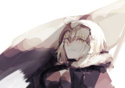 Rule 34 | 1girl, ahoge, banner, breasts, fate/grand order, fate (series), fur collar, headpiece, jeanne d&#039;arc (fate), jeanne d&#039;arc alter (avenger) (fate), jeanne d&#039;arc alter (fate), medium breasts, motu0505, short hair, simple background, smile, solo, upper body, white background, white hair, yellow eyes