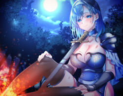 Rule 34 | 1girl, aizawa chihiro, armor, blue collar, blue dress, blue eyes, blue hair, breasts, campfire, cleavage, collar, collarbone, detached collar, dress, earrings, full moon, hairband, jewelry, large breasts, medium breasts, moon, night, night sky, official art, original, pauldrons, scar, scar on breasts, sheath, sheathed, shoulder armor, sky, sleeveless, sleeveless dress, solo, strapless, strapless dress, sword, thighhighs, tree, vambraces, weapon