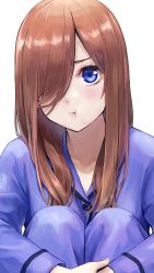 Rule 34 | 1girl, :t, absurdres, blue eyes, blush, brown hair, buttons, closed mouth, collarbone, commentary request, go-toubun no hanayome, hair over one eye, highres, ishiyuki, knees up, long hair, long sleeves, looking at viewer, nakano miku, pajamas, pants, pout, purple pants, purple shirt, shirt, simple background, sitting, solo, white background