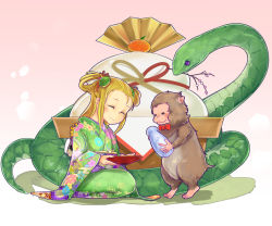 Rule 34 | 1girl, ^ ^, alternate costume, bad id, bad pixiv id, blonde hair, bottle, bow, bowtie, branch, closed eyes, cup, floral print, food, fruit, gradient background, hair ornament, highres, japanese clothes, japanese macaque, kagami mochi, kimono, long hair, mandarin orange, meimei (p&amp;d), monkey, mouth hold, mrider, new year, obi, pink background, puzzle &amp; dragons, sakazuki, sake bottle, sash, seiza, shadow, sitting, smile, snake, tail, turtle shell