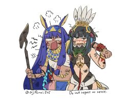 Rule 34 | 2girls, anger vein, animal ears, asaya minoru, black hair, blue hair, breasts, egyptian, egyptian clothes, english text, facepaint, fate/grand order, fate (series), grey eyes, holding, holding staff, jackal ears, long hair, medium breasts, multicolored hair, multiple girls, navel, nitocris (fate), purple hair, simple background, staff, streaked hair, tenochtitlan (fate), tenochtitlan (first ascension) (fate), twitter username, usekh collar, v-shaped eyebrows, very long hair, white background