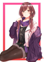 Rule 34 | 1girl, arm support, bad id, bad pixiv id, black shirt, black shorts, brown eyes, brown hair, brown pantyhose, commentary request, cutoffs, grin, hair ornament, hair over shoulder, hand up, heart, heart hair ornament, highres, idolmaster, idolmaster shiny colors, jacket, jewelry, long hair, long sleeves, looking at viewer, low twintails, nail polish, necklace, off shoulder, open clothes, open jacket, osaki amana, pantyhose, pink nails, polka dot, purple jacket, purple scarf, scarf, shirt, short shorts, shorts, sidelocks, sitting, smile, solo, swept bangs, takagaki eru, twintails, white background, yokozuwari