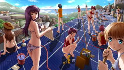 Rule 34 | 6+girls, :d, :o, all fours, bikini, blue eyes, blue hair, blue sky, broom, brown hair, brush, bucket, building, case, cleaning, day, drink, drinking straw, floral print, green hair, hat, highres, horizon, hose, ilolamai, multiple girls, ocean, one-piece swimsuit, open mouth, outdoors, phone, purple hair, rainbow, red hair, shirt, sky, smile, solar panel, straw hat, swimsuit, water, water drop, yellow eyes