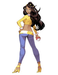 Rule 34 | 00s, 1girl, ass, blouse, butt crack, creatures (company), dahlia (pokemon), dark-skinned female, dark skin, female focus, game freak, genzoman, hand on own hip, high heels, looking at viewer, looking back, nintendo, poke ball, pokemon, pokemon dppt, pokemon platinum, shirt, simple background, solo, wavy hair, white background, yellow shirt