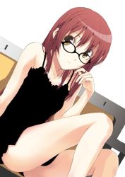 Rule 34 | 1girl, camisole, chemise, dutch angle, glasses, legs, long hair, luna (reclaimed land), original, red hair, sitting, solo, yellow eyes