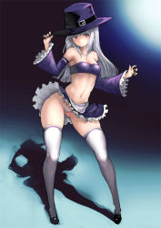 Rule 34 | 1girl, apron, bare shoulders, black footwear, blunt bangs, breasts, capcom fighting jam, cleavage, clothes lift, commentary request, contrapposto, detached sleeves, frilled skirt, frilled sleeves, frills, full body, gluteal fold, hat, highres, ingrid (capcom), johan (johan13), legs, long hair, lowleg, lowleg panties, mary janes, midnight bliss, navel, panties, pantyshot, purple hat, purple sleeves, red eyes, shoes, sidelocks, silver hair, skindentation, skirt, skirt lift, smile, solo, straight hair, strapless, svc chaos, thighhighs, top hat, tube top, underwear, waist apron, white panties, white thighhighs, wide sleeves