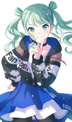 Rule 34 | 1girl, absurdres, black choker, black pantyhose, blue eyes, blue skirt, choker, closed mouth, cowboy shot, dot nose, earrings, fingernails, green hair, green nails, hand on own hip, hatsune miku, highres, hood, hood down, hoodie, index finger raised, jewelry, layered skirt, long sleeves, looking at viewer, nail polish, o-ring, o-ring choker, open clothes, open hoodie, pantyhose, sekina, simple background, skirt, smile, solo, twintails, vivid bad squad miku, vocaloid, white background