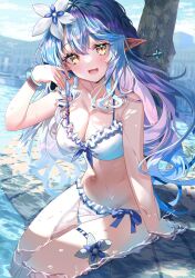 Rule 34 | 1girl, :d, alternate costume, arm support, bikini, blue hair, blush, bracelet, breasts, cleavage, commentary request, double-parted bangs, flower, frilled bikini, frills, hair flower, hair ornament, hololive, jewelry, large breasts, long hair, looking at viewer, multicolored hair, navel, open mouth, outdoors, pointy ears, sho (runatic moon), sitting, smile, snowflake hair ornament, soaking feet, solo, streaked hair, swimsuit, thigh strap, very long hair, virtual youtuber, wading, white bikini, yellow eyes, yukihana lamy
