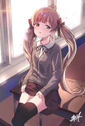 Rule 34 | 1girl, ahoge, black ribbon, black thighhighs, bow, brown cardigan, brown eyes, brown hair, brown skirt, cardigan, classroom, clothes lift, collared shirt, commentary request, day, desk, fingernails, hair bow, hakozaki serika, highres, idolmaster, idolmaster million live!, indoors, kuri choko, long hair, long sleeves, looking at viewer, neck ribbon, on desk, open mouth, parted lips, red bow, ribbon, school desk, school uniform, shirt, signature, sitting, on desk, skirt, skirt lift, sleeves past wrists, solo, sunlight, thighhighs, twintails, very long hair, white shirt, window