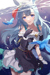 Rule 34 | 1girl, :d, animal ears, asymmetrical dress, asymmetrical gloves, bird, black dress, black gloves, blue eyes, blue hair, bluebird, bow, braid, breasts, commentary, crown braid, dress, ear ribbon, gloves, highres, horse ears, horse girl, horse tail, large breasts, light blue hair, long hair, looking at viewer, mejiro ardan (umamusume), mismatched gloves, nobell (bell no5), open mouth, smile, solo, tail, umamusume, white gloves