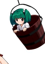 Rule 34 | 1girl, bad id, bad pixiv id, bucket, dai-erie, green eyes, green hair, hair bobbles, hair ornament, in bucket, in container, kisume, matching hair/eyes, short hair, simple background, solo, touhou, twintails, white background