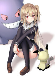 Rule 34 | 1girl, black thighhighs, blonde hair, blush, closed mouth, commentary request, creatures (company), cross, cross necklace, crossover, dress, full body, game club project, game freak, gen 1 pokemon, gen 7 pokemon, gengar, gluteal fold, hair between eyes, headset, highres, holding, jewelry, long hair, long sleeves, looking at another, mimikyu, minato yoshihiro, necklace, nintendo, one side up, poke ball, poke ball (basic), pokemon, pokemon (creature), red eyes, shoes, sitting, smile, thighhighs, thighs, virtual youtuber, yumesaki kaede (game club project)