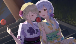 Rule 34 | 2girls, alternate hairstyle, arm around waist, arm at side, assault lily, backlighting, blonde hair, blunt bangs, braid, candy apple, closed eyes, commentary request, dutch angle, fingernails, floral print, flower, food, grass, hair flower, hair ornament, hair over shoulder, hand up, highres, holding, holding food, japanese clothes, jewelry, kimono, kon kanaho, licking, light blush, looking at another, low ponytail, miyagawa takane, multiple girls, nail polish, night, nuenue, obi, obijime, official alternate costume, open mouth, outdoors, parted lips, pink flower, pink nails, print kimono, purple flower, red flower, ring, sash, sharing food, short hair, side-by-side, side ponytail, sidelocks, silver hair, single braid, sitting, sitting on stairs, sleeves past elbows, stairs, stone stairs, striped clothes, striped kimono, teeth, tongue, tongue out, upper teeth only, white kimono, wide sleeves, yellow eyes, yellow flower, yellow kimono, yellow nails, yukata, yuri