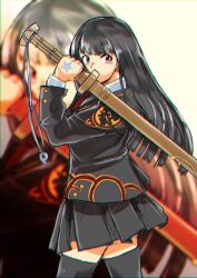 Rule 34 | 1girl, black hair, black thighhighs, blunt bangs, brown eyes, chromatic aberration, collared shirt, commentary, cowboy shot, hand tattoo, highres, holding, holding sword, holding weapon, long hair, magatama, protagonist 2 (housamo), necktie, oriin (oriin01xx), red necktie, school uniform, serious, shirt, skirt, solo, star tattoo, sword, tattoo, thighhighs, tokyo houkago summoners, weapon, zoom layer