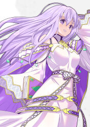 Rule 34 | 1girl, absurdres, arm up, book, cape, circlet, dress, fire emblem, fire emblem: genealogy of the holy war, grin, highres, holding, holding book, jewelry, julia (fire emblem), long hair, looking at viewer, nintendo, purple cape, purple eyes, purple hair, simple background, smile, solo, tokucho3130599, wide sleeves