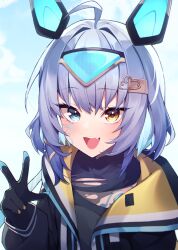 Rule 34 | 1girl, absurdres, heterochromia, highres, indie virtual youtuber, jacket, looking at viewer, open mouth, sayu sincronisity, seisei (seion alter), short hair, smile, tattoo, v, virtual youtuber
