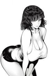 1girl absurdres ass bent_over blunt_ends breasts butt_crack cleavage collarbone commentary cowboy_shot dolphin_shorts english_commentary fubuki_(one-punch_man) greyscale grin hanging_breasts highres large_breasts looking_at_viewer medium_hair monochrome mostlybluewyatt one-punch_man redrawn short_shorts shorts signature simple_background smile solo standing tank_top