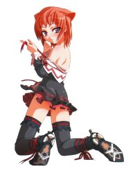Rule 34 | 00s, 1girl, bare shoulders, black thighhighs, boots, character request, demonbane, ennea, full body, highres, long sleeves, looking back, nishii (damnedrive), purple eyes, red hair, short hair, simple background, skirt, solo, thighhighs