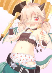Rule 34 | 1girl, armor, bare shoulders, belt, black belt, black choker, blonde hair, blush, broken armor, choker, clothes pull, clothes writing, dragon girl, dragon horns, dragon tail, english text, food print, hair over one eye, hammer, horns, inori (princess connect!), long hair, low twintails, navel, open mouth, panties, princess connect!, print panties, red eyes, skirt, skirt pull, solo, star (symbol), strawberry panties, strawberry print, tail, tears, twintails, umi suzume, underwear, wings, wrist cuffs