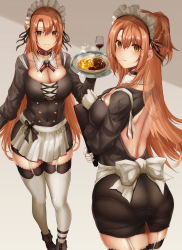 Rule 34 | 1girl, alternate costume, apron, ass, asuna (sao), back, black ribbon, blush, breasts, brown eyes, choker, cleavage, closed mouth, cup, dress, drinking glass, empty eyes, from behind, garter belt, garter straps, gloves, grey theme, hair between eyes, highres, hikari (komitiookami), holding, holding tray, large breasts, looking at viewer, maid, maid apron, maid headdress, open mouth, pantylines, parted lips, ribbon, smile, solo, standing, sword art online, thighs, tray, white gloves, white legwear, wine glass