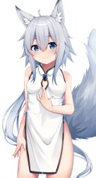 Rule 34 | 1girl, animal ear fluff, animal ears, bare shoulders, blue eyes, blue gemstone, blue hair, breasts, brooch, china dress, chinese clothes, cleavage cutout, clothing cutout, collared dress, cowboy shot, dress, fox ears, fox girl, fox tail, gem, grey hair, hand on own chest, hand on own thigh, highres, jewelry, light blue hair, long hair, looking at viewer, medium breasts, no panties, original, pelvic curtain, sakuma hiragi, short hair with long locks, simple background, sleeveless, sleeveless dress, smile, tail, very long hair, white background, white dress