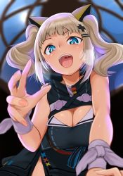 Rule 34 | 1girl, blue eyes, breasts, cleavage, cleavage cutout, clothing cutout, dress, hair ornament, hairclip, highres, kaguya luna, large breasts, miki purasu, open mouth, silver hair, star-shaped pupils, star (symbol), symbol-shaped pupils, the moon studio, twintails, upper body, uvula, virtual youtuber, x hair ornament