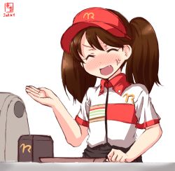Rule 34 | 1girl, alternate costume, anger vein, artist logo, blush, brown hair, cash register, closed eyes, commentary request, dated, employee uniform, fang, hat, highres, kanon (kurogane knights), kantai collection, logo parody, long hair, mcdonald&#039;s, multicolored shirt, nose blush, open mouth, open palm, red hat, ryuujou (kancolle), simple background, smile, solo, tray, twintails, uniform, visor cap, white background