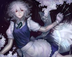 Rule 34 | 1girl, apron, between fingers, blue skirt, blue vest, braid, commentary request, cowboy shot, flower, frown, gloves, hair between eyes, half-closed eyes, holding, izayoi sakuya, knife, lips, looking at viewer, no headwear, outstretched arm, partially submerged, puffy short sleeves, puffy sleeves, red eyes, reflection, revision, ripples, shirt, short hair, short sleeves, signature, silver hair, sizu, skirt, solo, touhou, twin braids, vest, waist apron, white gloves, white shirt