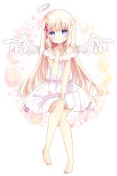 Rule 34 | 1girl, :o, angel wings, bad id, bad pixiv id, bare arms, bare legs, barefoot, blonde hair, blue eyes, blush, crescent, dress, feathered wings, finger to own chin, full body, hair ribbon, halo, hand on lap, head tilt, highres, long hair, looking at viewer, off-shoulder dress, off shoulder, original, parted lips, pink ribbon, ribbon, sitting, sleeveless, sleeveless dress, solo, star (symbol), tsukiyo (skymint), white dress, white wings, wings