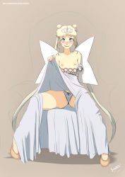 Rule 34 | 1girl, artist name, bare shoulders, bishoujo senshi sailor moon, blonde hair, blue eyes, blush, breasts, cameltoe, clothes lift, collarbone, double bun, dress, eyebrows, facial mark, forehead mark, full body, gradient background, hair bun, highres, lifted by self, lip biting, lips, long hair, neo queen serenity, nipples, nose, panties, sinner! (sillygirl), sitting, skirt, skirt lift, small breasts, solo, spread legs, tiara, twintails, underwear, very long hair, watermark, web address