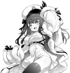 Rule 34 | 1girl, azur lane, blush, breast pocket, breasts, coat, fang, gloves, greyscale, hat, highres, hori (hori no su), large breasts, long hair, long sleeves, looking away, monochrome, open mouth, pamiat merkuria (azur lane), pocket, simple background, skin fang, smile, solo, thighhighs, white background